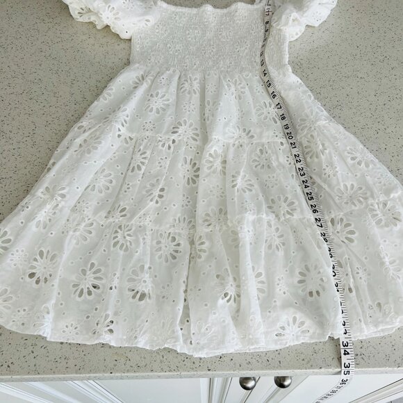 Women White Embroidery Hollow Out Hole Flower Short Puff Sleeve Mini Dress - Picture 15 of 16